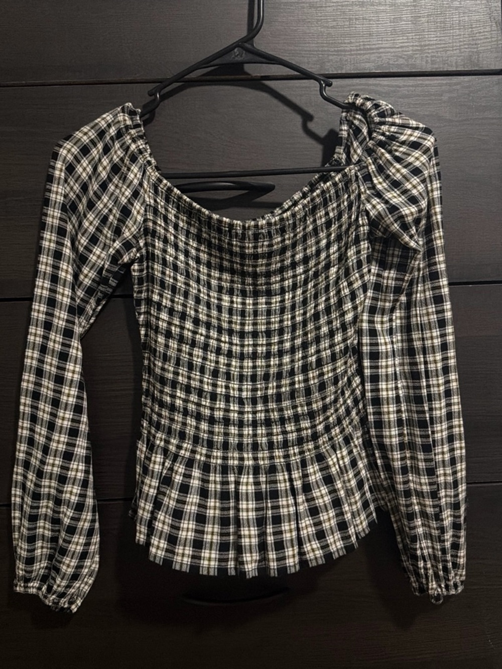 Plaid Smocked Off-Shoulder Long Sleeve Top - Navy & White